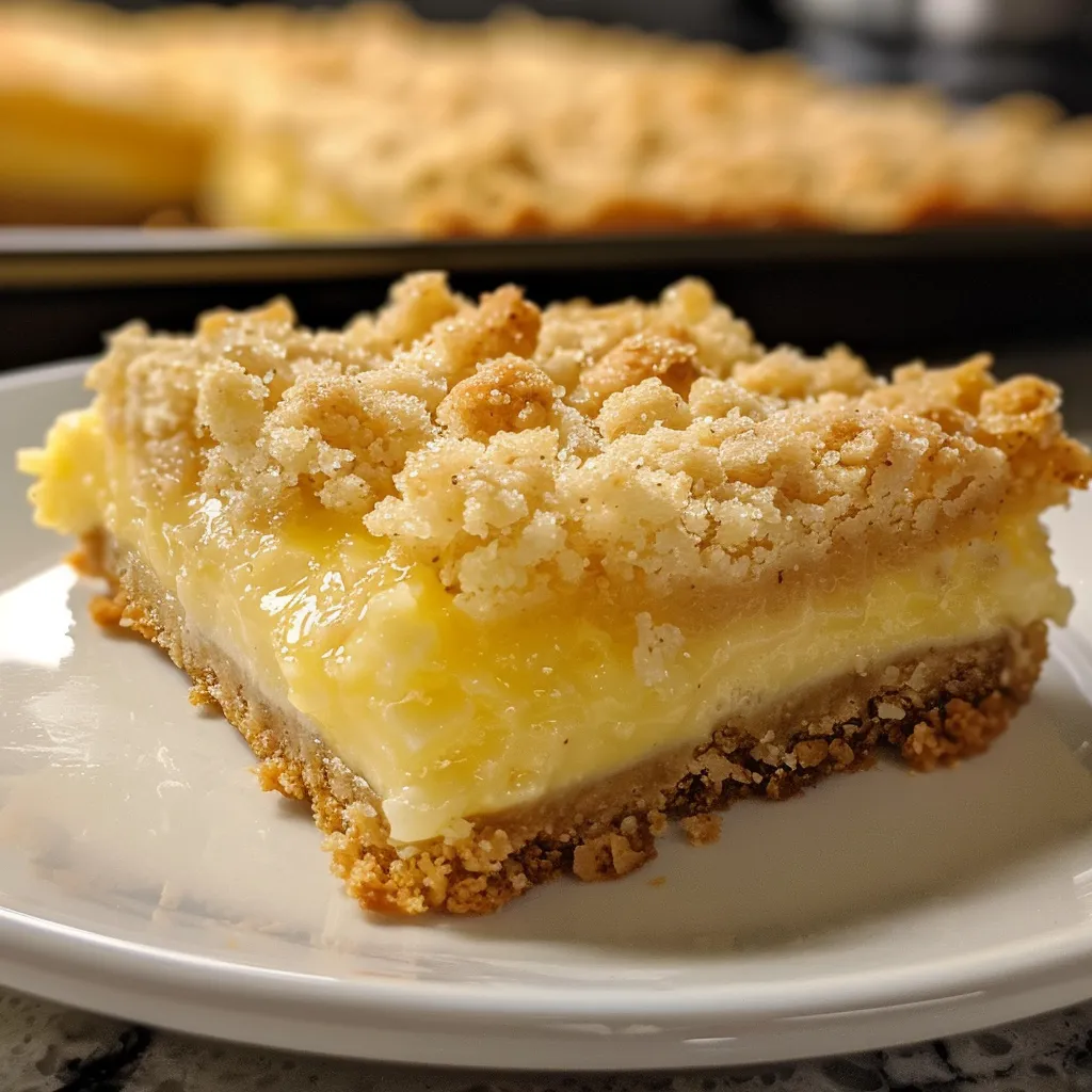 Side view of delicious lemon crumb bars with a crumbly topping and bright yellow filling.