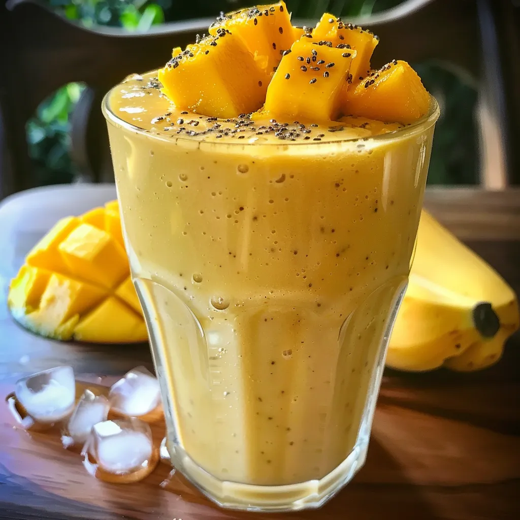 Side view of a juicy mango banana smoothie, highlighting its creamy consistency and fresh ingredients.