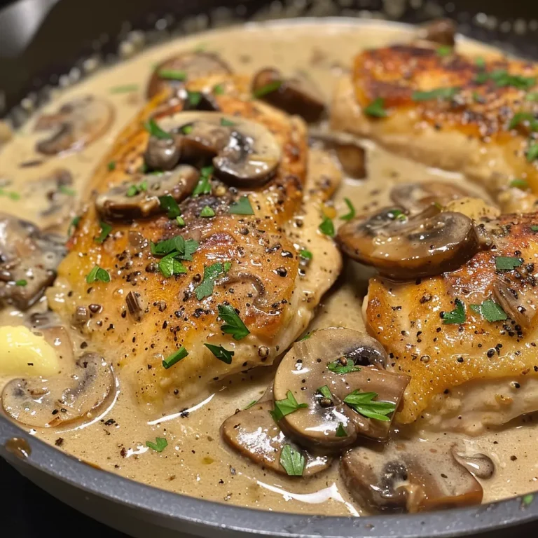 One-Pan Creamy Mushroom Chicken A Cozy Dinner in 30 Minutes Close-up view of creamy mushroom chicken in a skillet with fresh parsley on top.