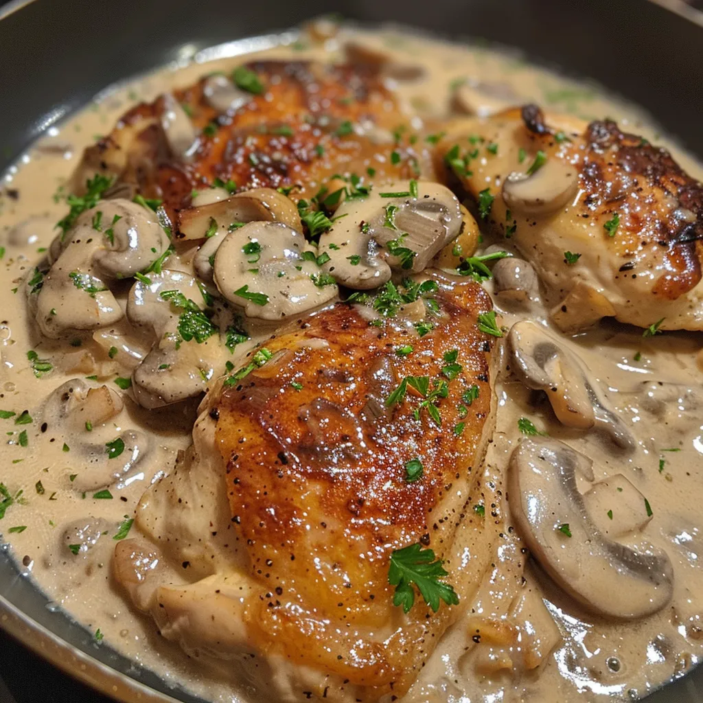Juicy chicken breasts covered in a creamy mushroom sauce, garnished with parsley, in a frying pan.