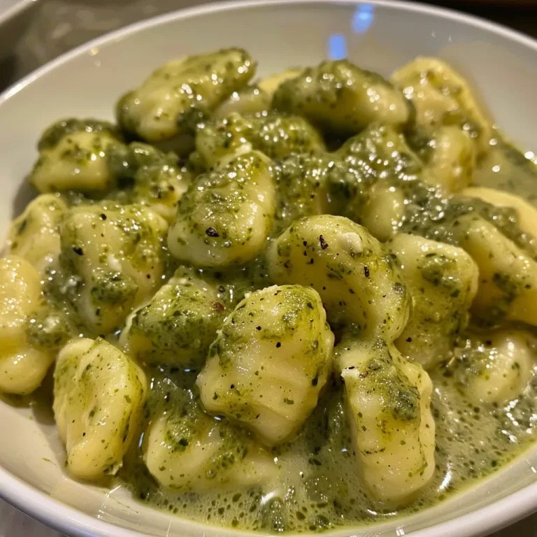 A Taste of Italy How Creamy Pesto Gnocchi Became Our Family s Favorite Comfort Dish A close-up view of creamy pesto gnocchi with a rich green sauce.