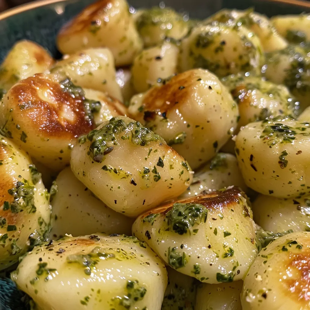 Side view of gnocchi coated in creamy pesto sauce, garnished with fresh basil.
