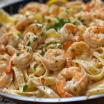 Close-up view of creamy shrimp pasta with fettuccine and herbs.