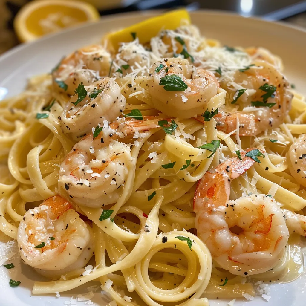 Side view of a plate of creamy shrimp pasta garnished with parsley.