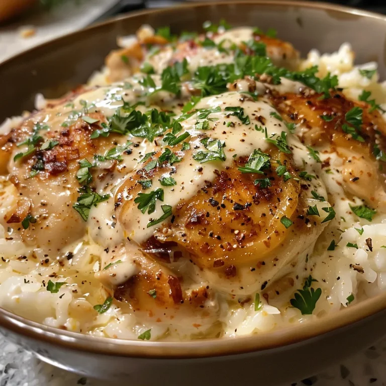 Close-up of creamy smothered chicken on a bed of rice, garnished with parsley.