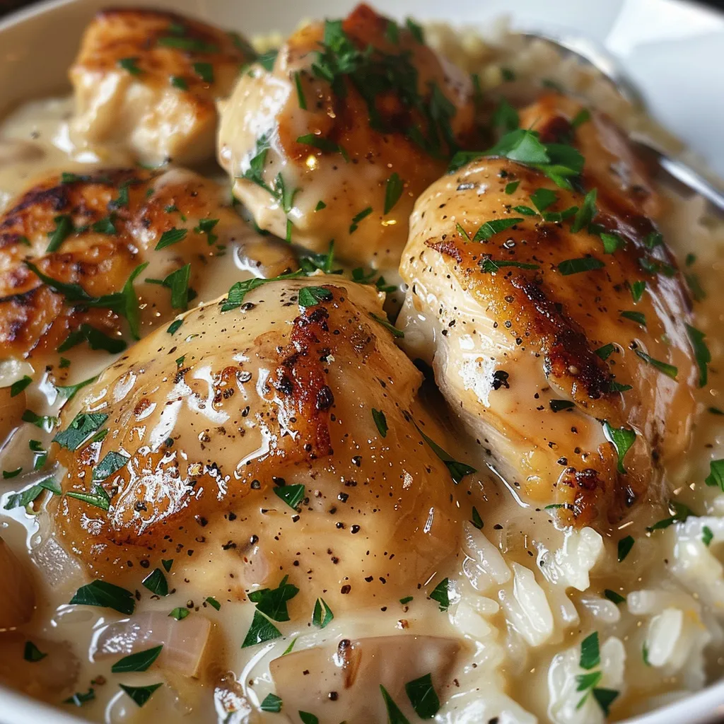 Side view of juicy chicken covered in creamy sauce, served with rice and herbs.