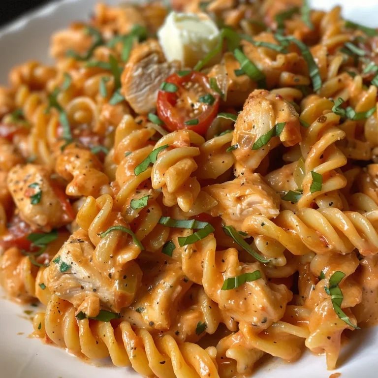 Close-up of creamy tomato chicken pasta with rotini and garnish.