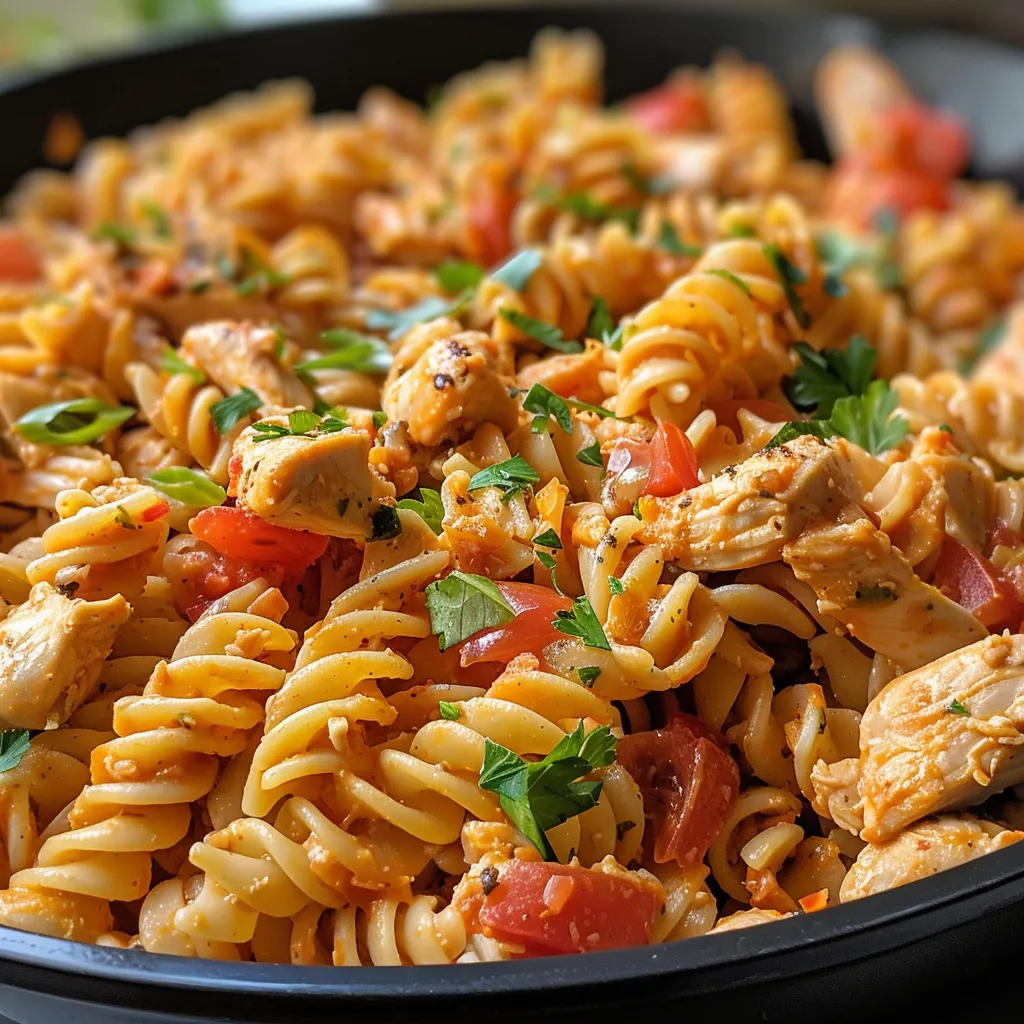 A bowl of creamy tomato chicken pasta showing chicken pieces and green onions.