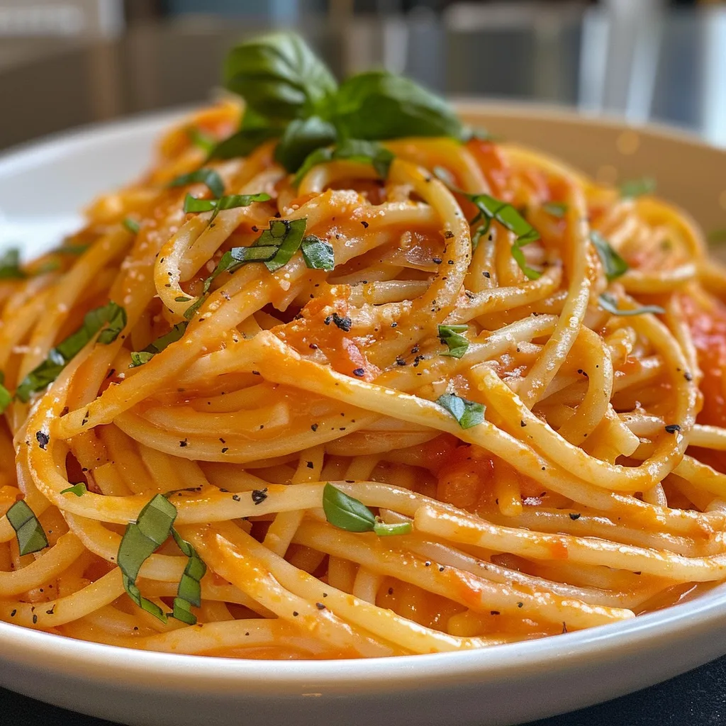 Juicy creamy tomato spaghetti garnished with basil leaves.