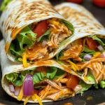 A close-up view of crispy BBQ chicken wraps filled with shredded chicken, cheese, and fresh vegetables.