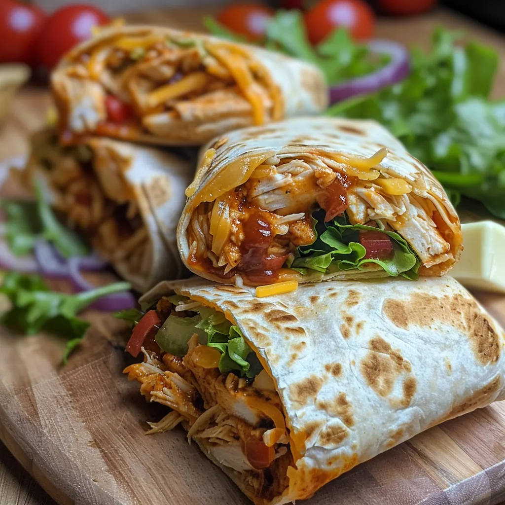 Side view of a delicious BBQ chicken wrap showcasing melted cheese and colorful fillings.