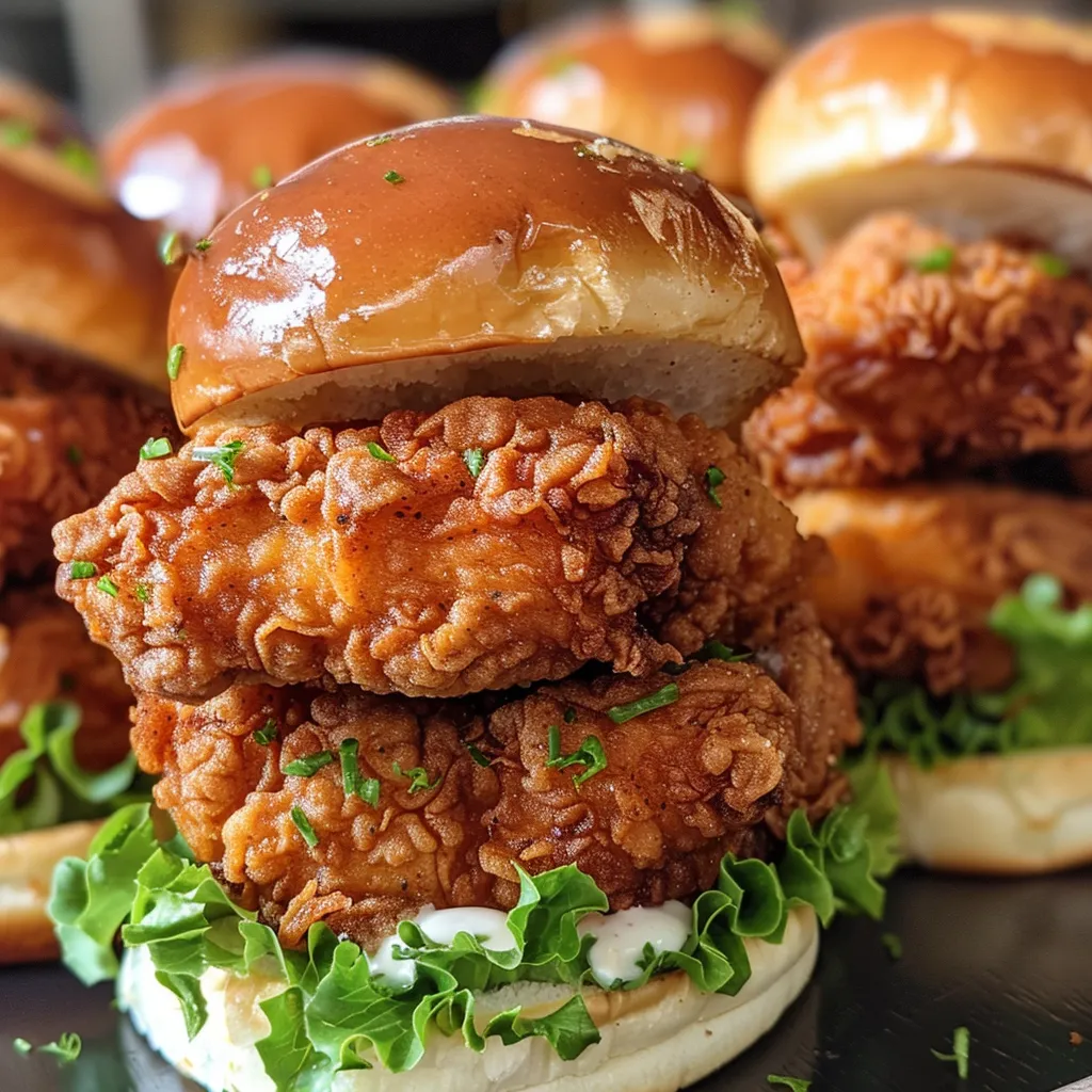 Side angle of crispy fried chicken sliders garnished with pickles, displayed on a wooden board.