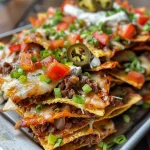 Close-up of crispy nacho bites topped with beef, cheese, and diced tomatoes.