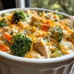 A close-up view of a creamy casserole featuring chicken and colorful mixed vegetables.