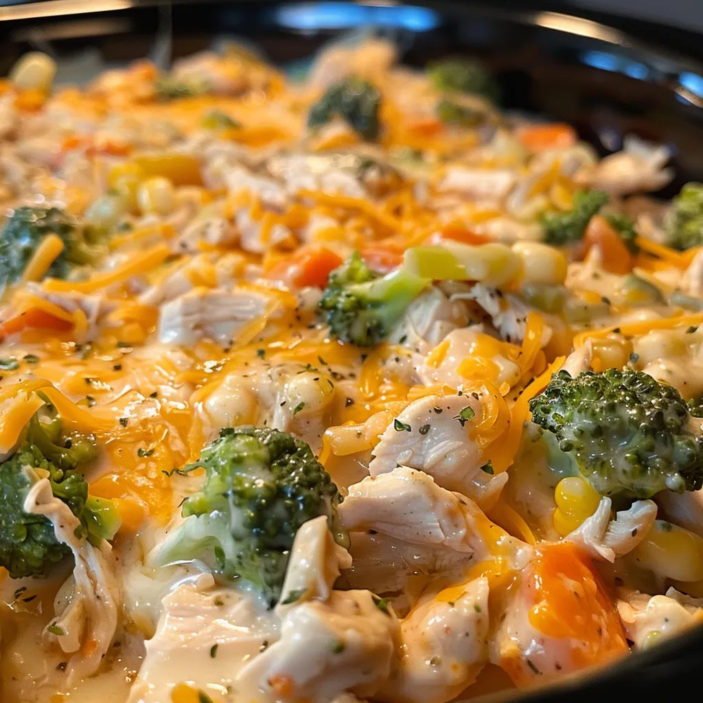 Juicy Crockpot Chicken and Veggie Casserole displayed in a dish, showcasing vibrant vegetables and melted cheese.