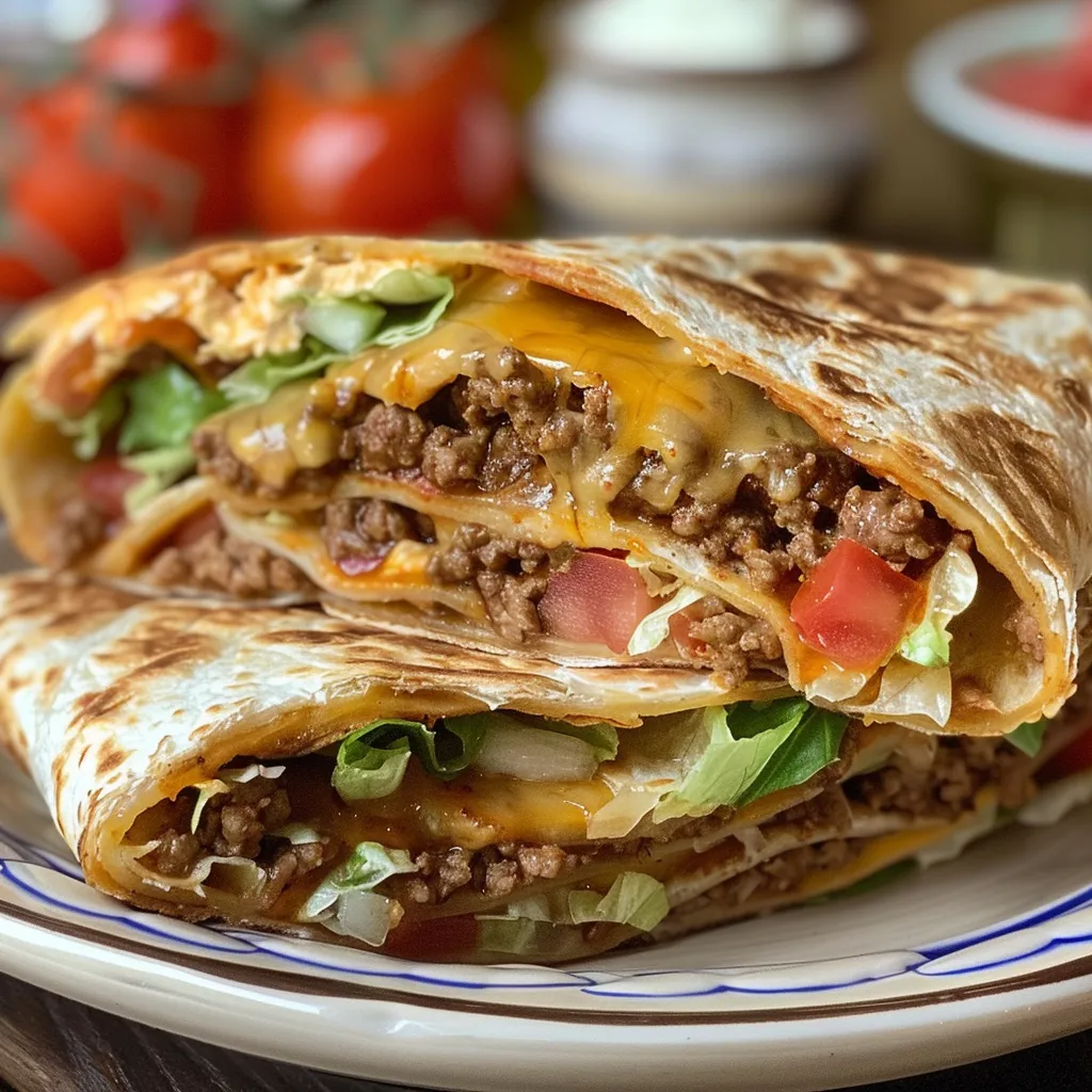 Side view of a delicious Crunch Wrap with melted cheese and fresh toppings.
