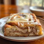 Close-up side view of a slice of Dollywood Cinnamon Bread drizzled with icing.