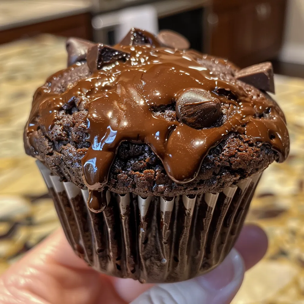 Side view of a delicious double chocolate banana muffin, highlighting the rich cocoa color and soft crumb.