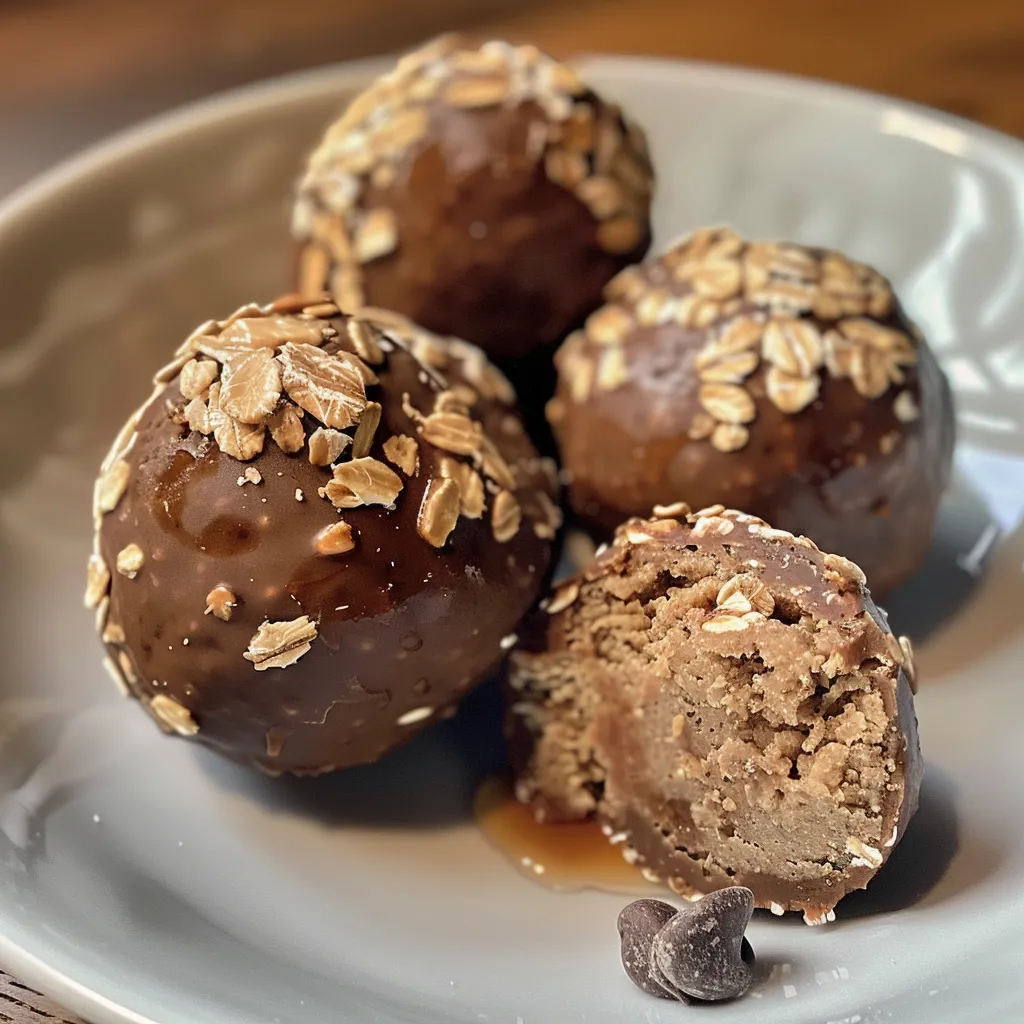 Side profile of peanut butter protein balls with chocolate chips.