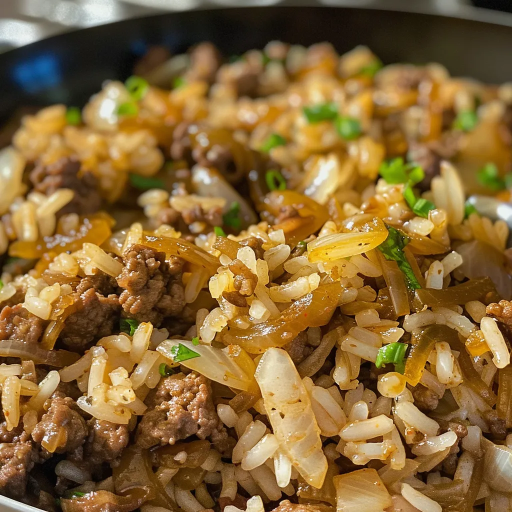 Deliciously cooked ground beef and rice garnished with onions and vibrant spices in a skillet.