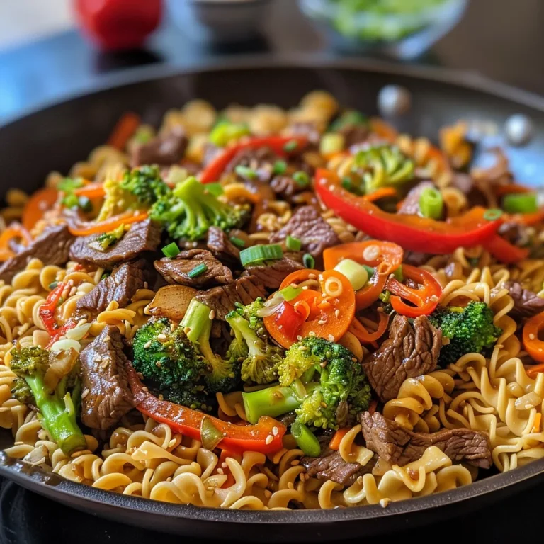 Close-up view of a vibrant beef stir-fry with colorful vegetables and rice.