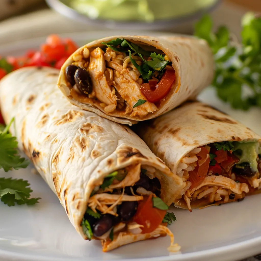 Side view of a cooked burrito showcasing chicken, beans, and cheese.