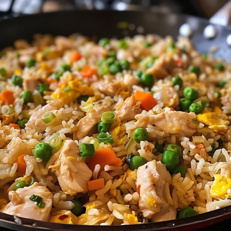 Savoring Simplicity The Easy Chicken Fried Rice That Transforms Any Weeknight Close-up view of a bowl of Easy Chicken Fried Rice, showcasing juicy pieces of chicken and mixed vegetables.