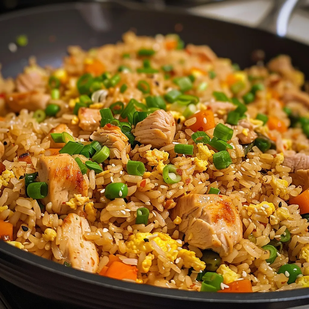 Side view of a vibrant plate of Easy Chicken Fried Rice with chicken chunks and colorful vegetables.