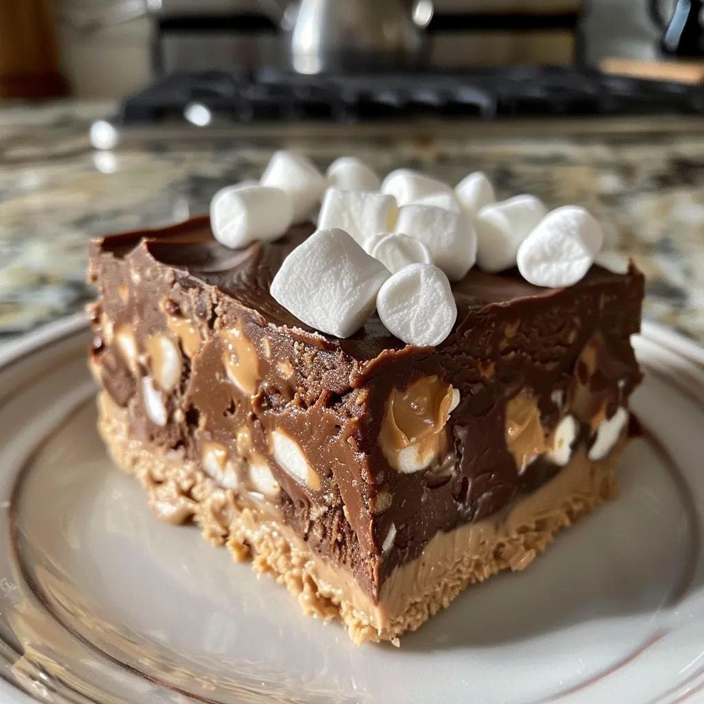 A side view of a glossy chocolate fudge square with melted peanut butter swirls.