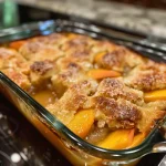 Close-up view of a peach cobbler dump cake, showcasing golden crust and juicy peach filling.