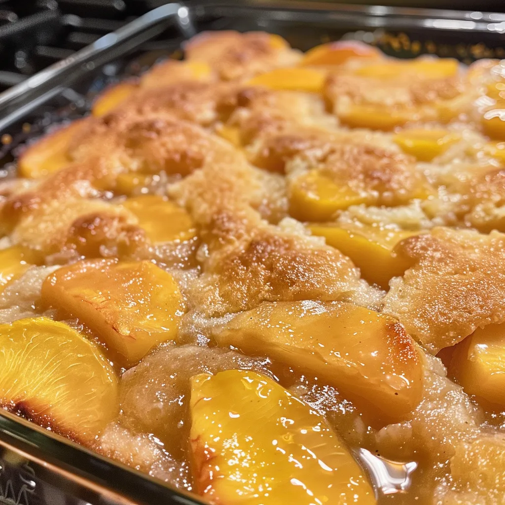 Side angle of a delicious peach cobbler dump cake with melted butter and cinnamon topping.