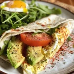 Close-up of a delicious egg wrap with avocado, arugula, and tomato.