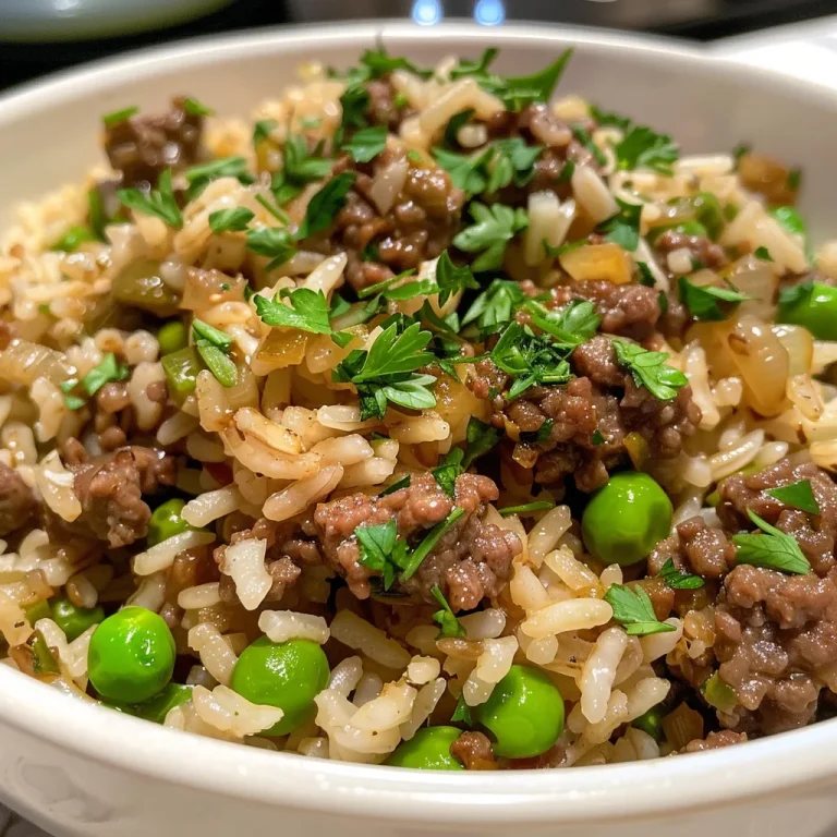 Close-up view of a plate of garlic butter beef rice with garnished parsley.
