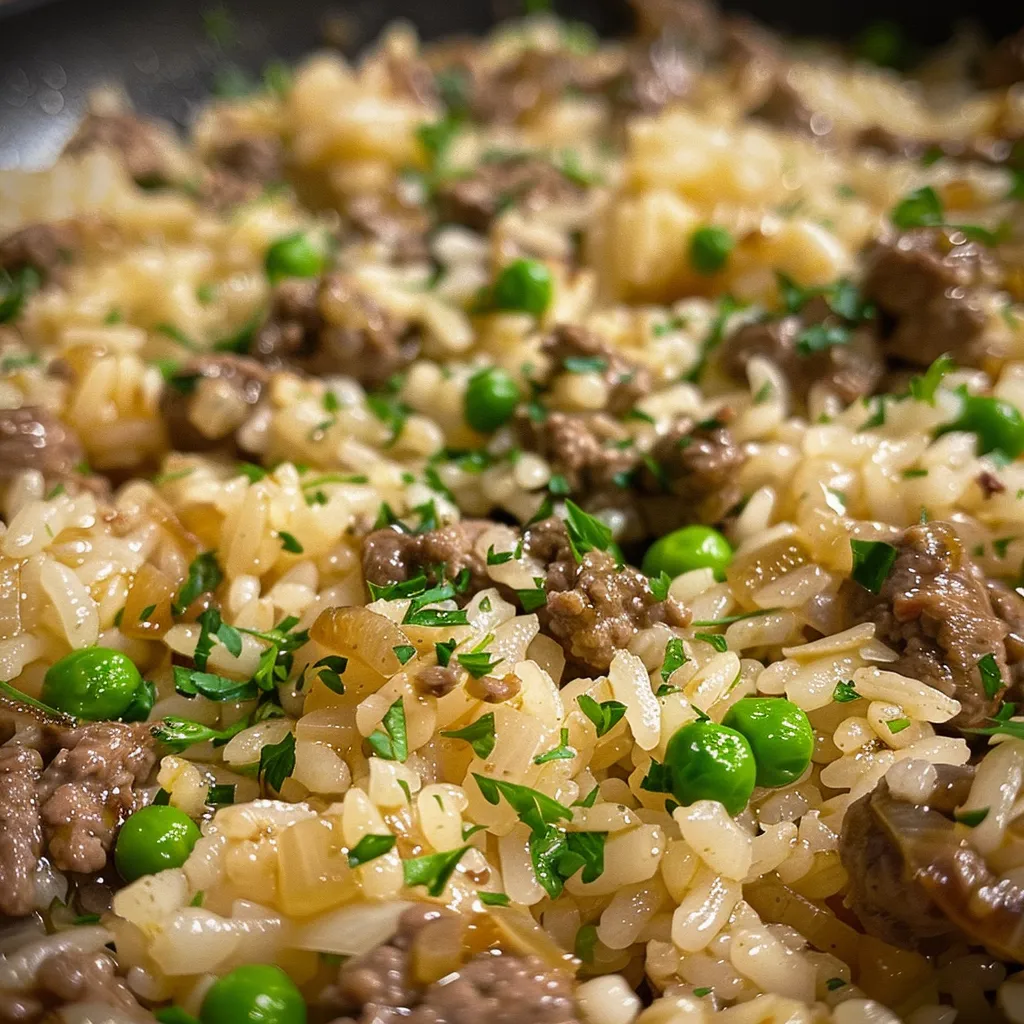 Juicy garlic butter beef rice served in a bowl, showcasing sliced beef and peas.