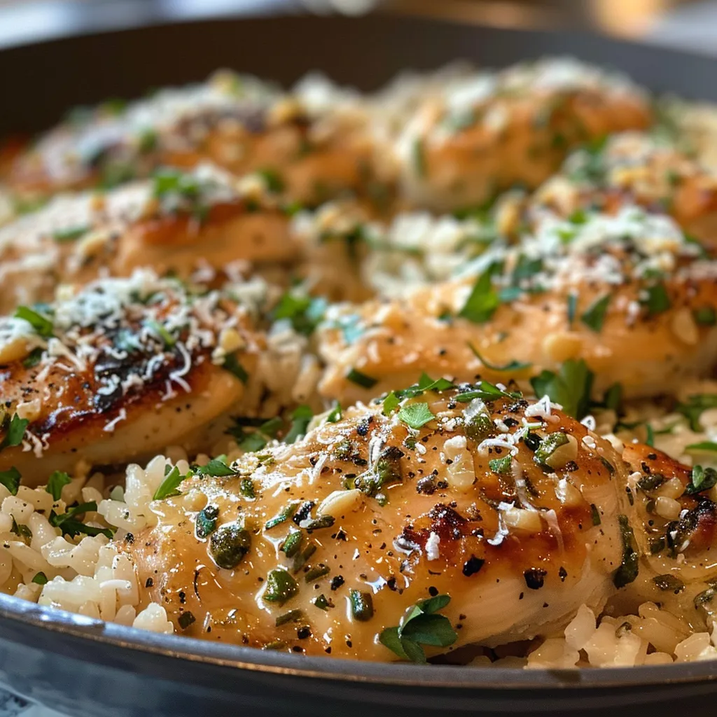 Juicy garlic butter chicken pieces and fluffy rice in a skillet, showcasing the creamy sauce.