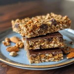Close-up of a peanut butter chocolate chip granola bar with visible chocolate chips and oats.