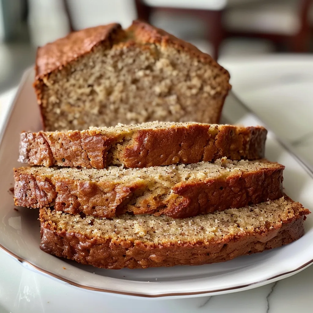 A slice of Greek Yogurt Banana Bread on a wooden cutting board, showcasing its moist texture.