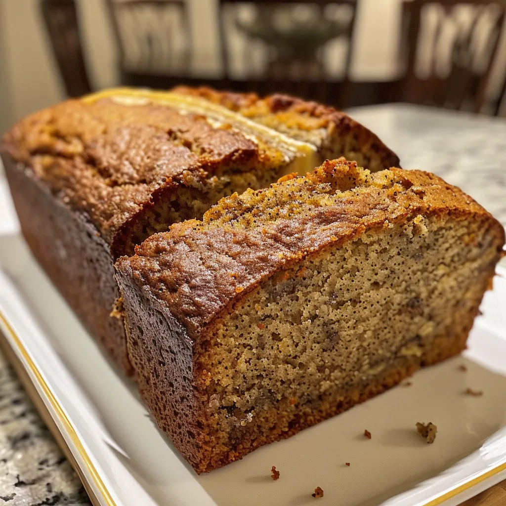 Close-up view of Greek Yogurt Banana Bread, highlighting dark speckles from ripe bananas.