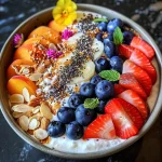 A colorful Greek yogurt fruit bowl with sliced strawberries, blueberries, and peach on a wooden table.