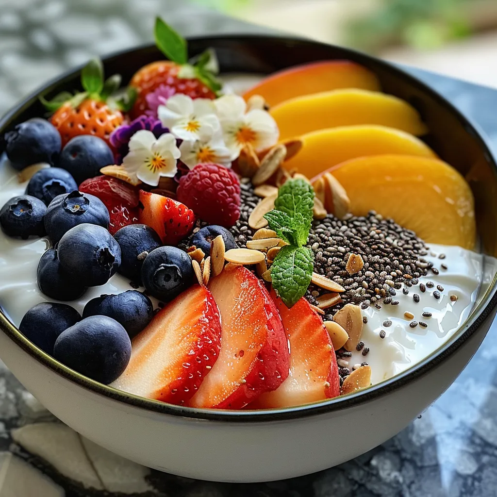 Close-up of a vibrant bowl of Greek yogurt topped with fresh fruit and garnished with mint leaves.