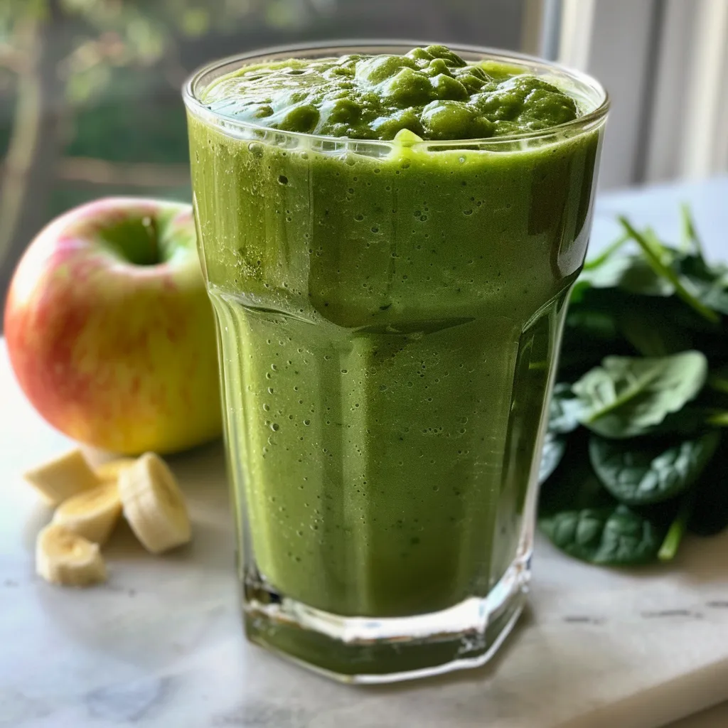 Side view of a refreshing green apple smoothie surrounded by fresh ingredients.