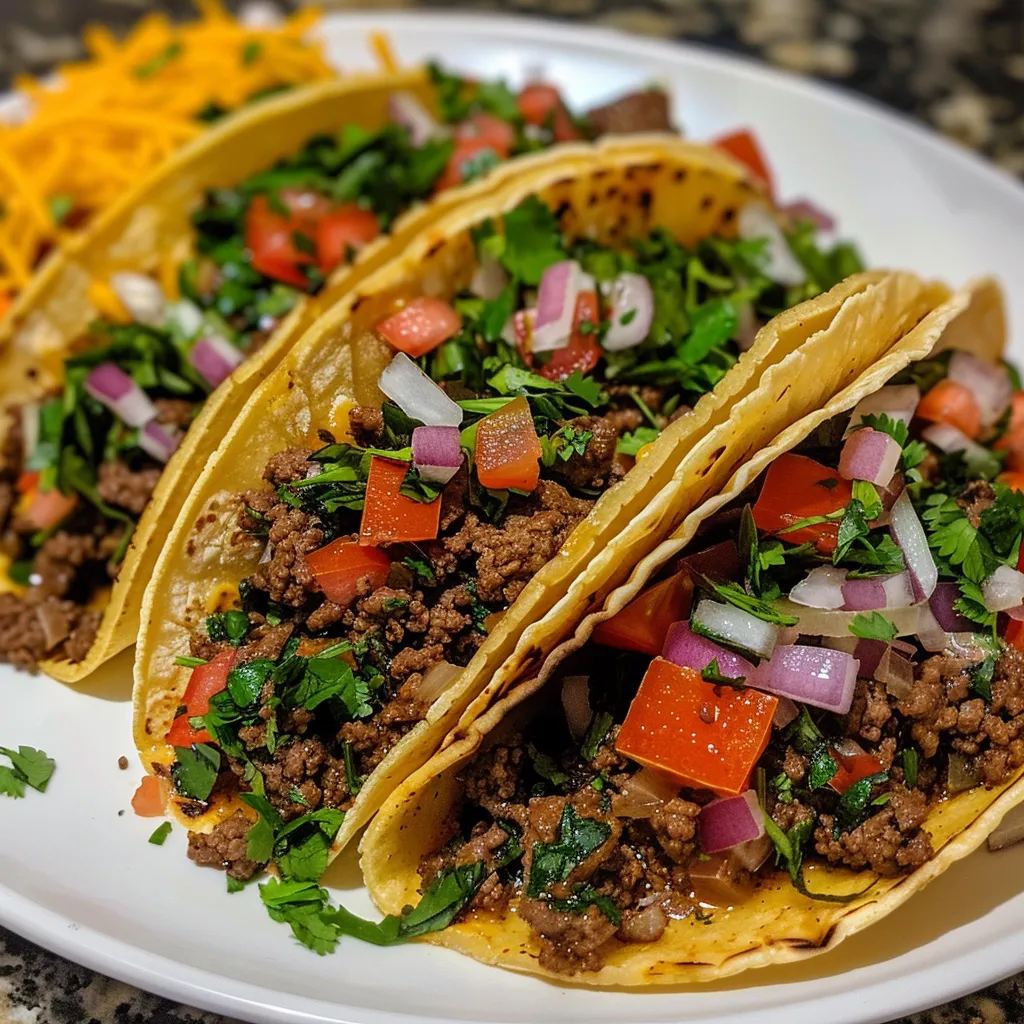 Side view of delicious ground beef tacos loaded with ingredients.