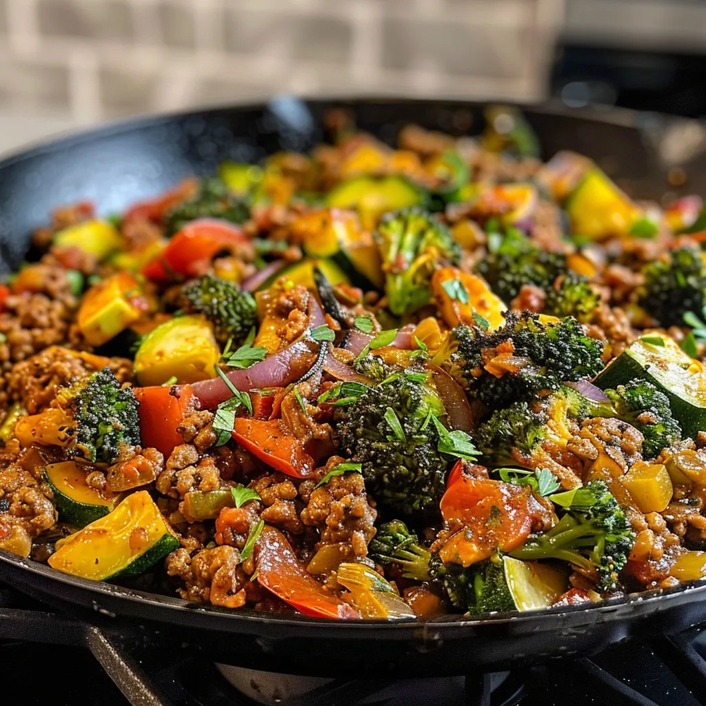 Juicy ground beef and assorted vegetables sautéed in a skillet, emphasizing bright colors.