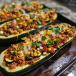 Juicy ground turkey stuffed in hollowed zucchini boats topped with melted cheese.