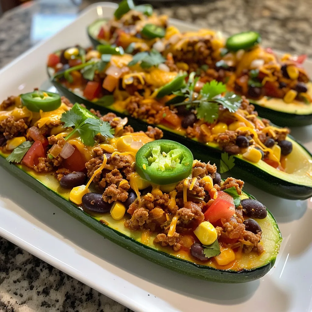 Close-up view of taco-stuffed zucchini boats, showcasing the vibrant filling and cheese.