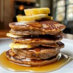 Close-up view of a stack of healthy pancakes topped with diced apples and banana slices.