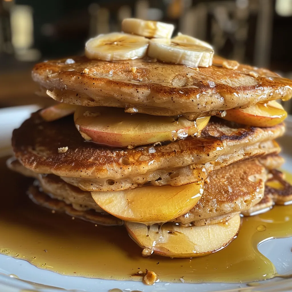 Side view of fluffy apple and banana pancakes drizzled with almond butter and garnished with fruit.