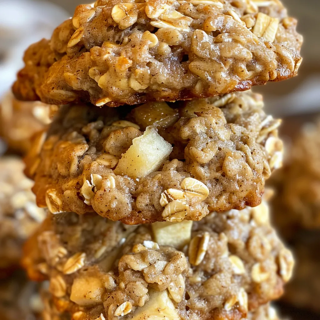 Side view of oatmeal cookies featuring diced apples and a golden brown color.