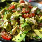 Close-up view of a colorful avocado chicken salad with diced chicken, avocados, and cherry tomatoes.