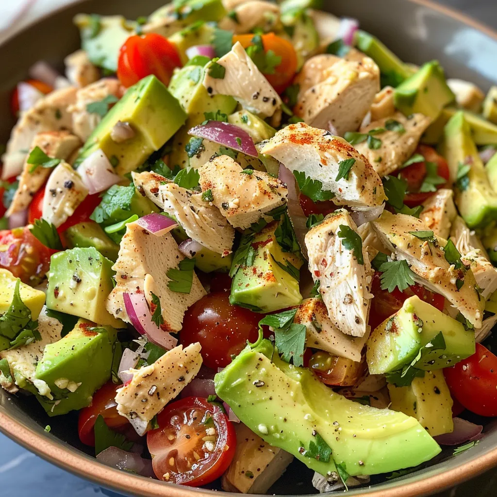 Side view of a fresh avocado chicken salad showcasing vibrant ingredients like red onion and bell pepper.